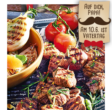Spicy Rostbratenspieße mit gegrilltem Gemüse
