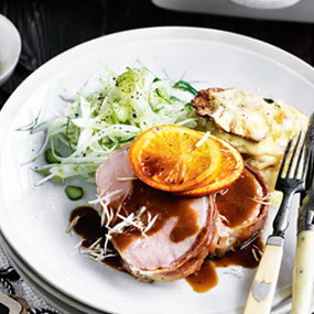 Kren-Schweinsbraten mit Selleriegratin